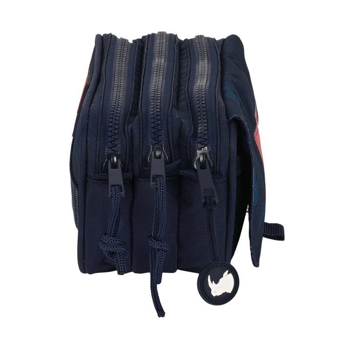 Trousse triple - safta - 21.5x8x10 cm - Bleu Marine - Polyester - Fermeture éclair - Trois compartiments
