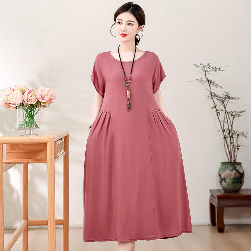 Plus Size Solid Color Short Sleeve Mom s Slimming Fashion Dress, Summer 2026. 2XL (115-130 jin)