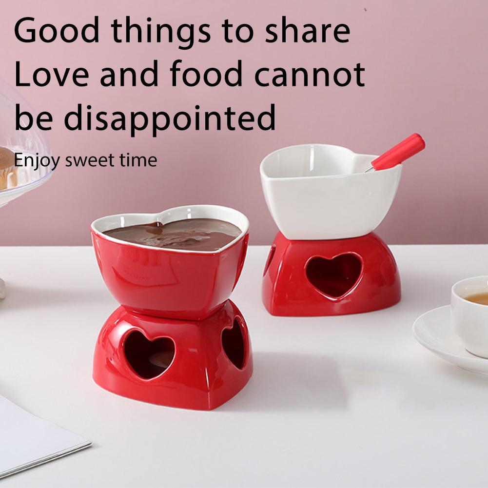 Romantic Heart-Shaped Ceramic Fondue Pot Set Red & White Dessert/Cheese Melting Versatile Chocolate Dipping Bowl For Ice Cream
