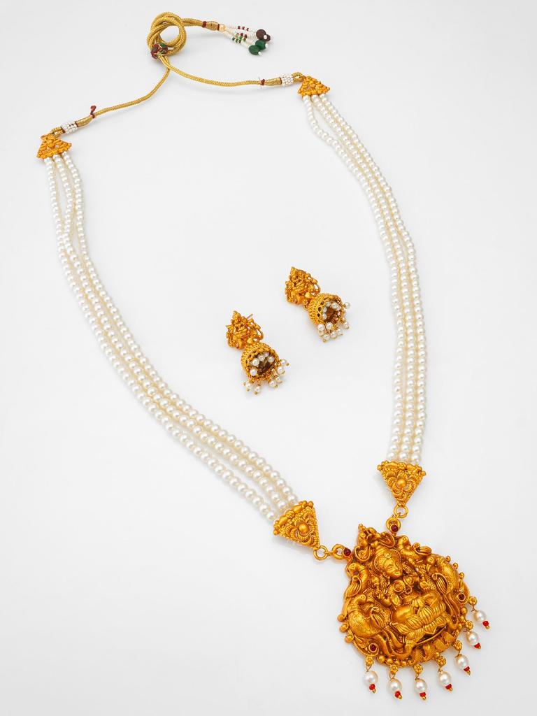 Gold-Plated White Stone-Studded & Beaded Temple Jewellery Set