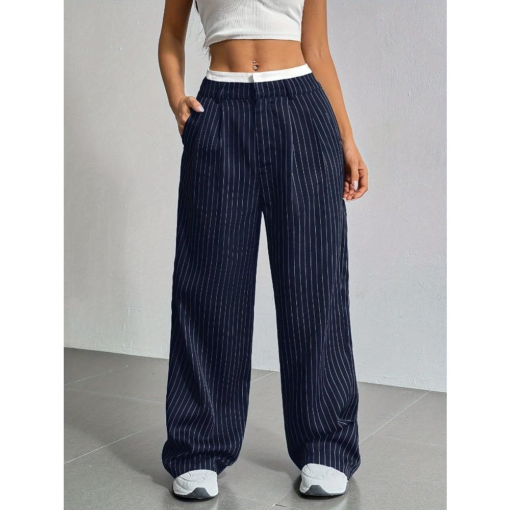 Europe, America, high waist drape striped suit pants women s commuter versatile straight fashion casual pants S темно-синий
