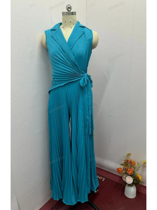 

Европейский и американский летний плиссированный комбинезон с широкими штанинами и отложным воротником для женщин XL озеро синий