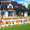 Happy Birthday Building Block Banner, Colorful Balloons & Confetti Design, Durable Polyester Outdoor Indoor Garden Porch Fence Decoration