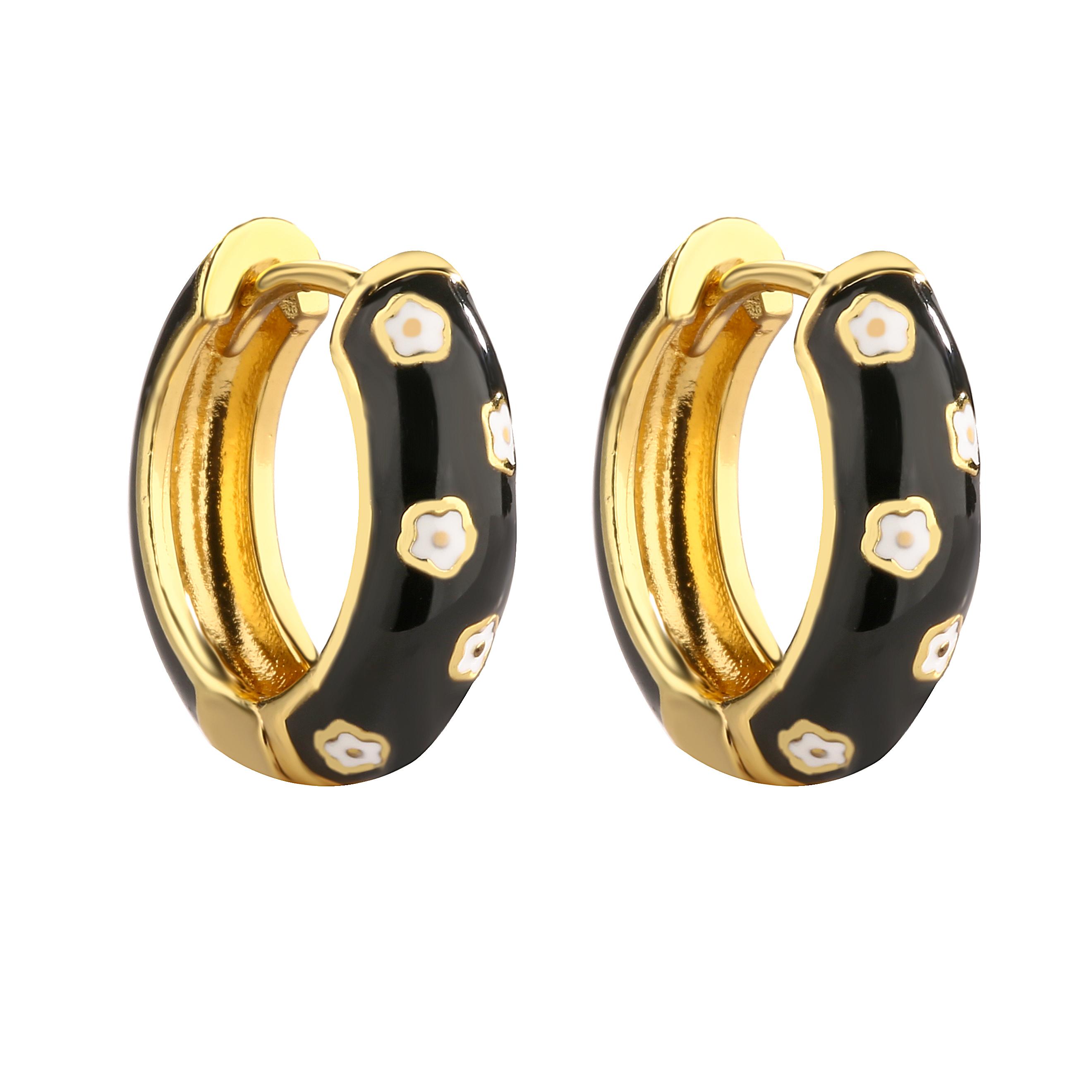 

HECHENG, Enamel Flower Daisy Chunky Round Circle Hoop Earrings Female Gold Color Copper Ear Buckle Huggies Zircon for Women чорний