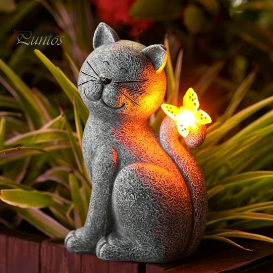 Decorative Sculpture for Balcony Solar Cat Garden Statue, Cute with Butterfly Light, Unique Housewarming Gift Waterproof Resin Animal Statue