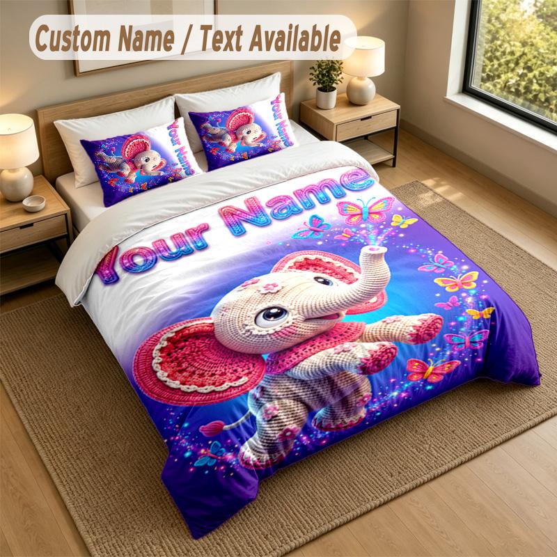 Set Biancheria da Letto Personalizzato a Tema Elefante 3 Pezzi Testo e Nome Personalizzati 1 Lenzuolo 2 Federe Biancheria da Letto per la Casa 1 pezzo
