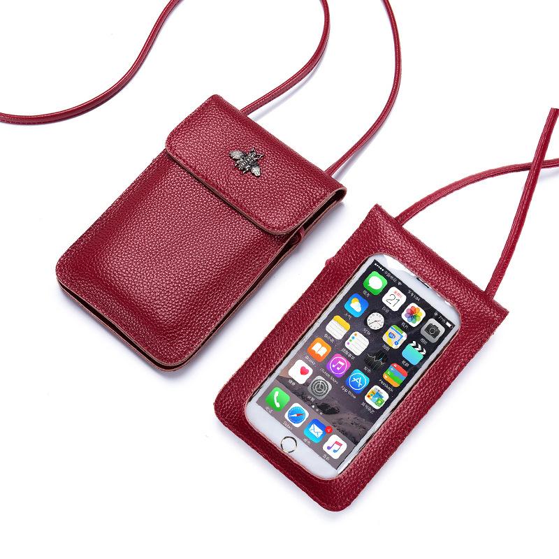

Touch screen mobile phone bag mini female messenger bag new transparent first layer cowhide small hand bag soft leather shoulder bag бордовый