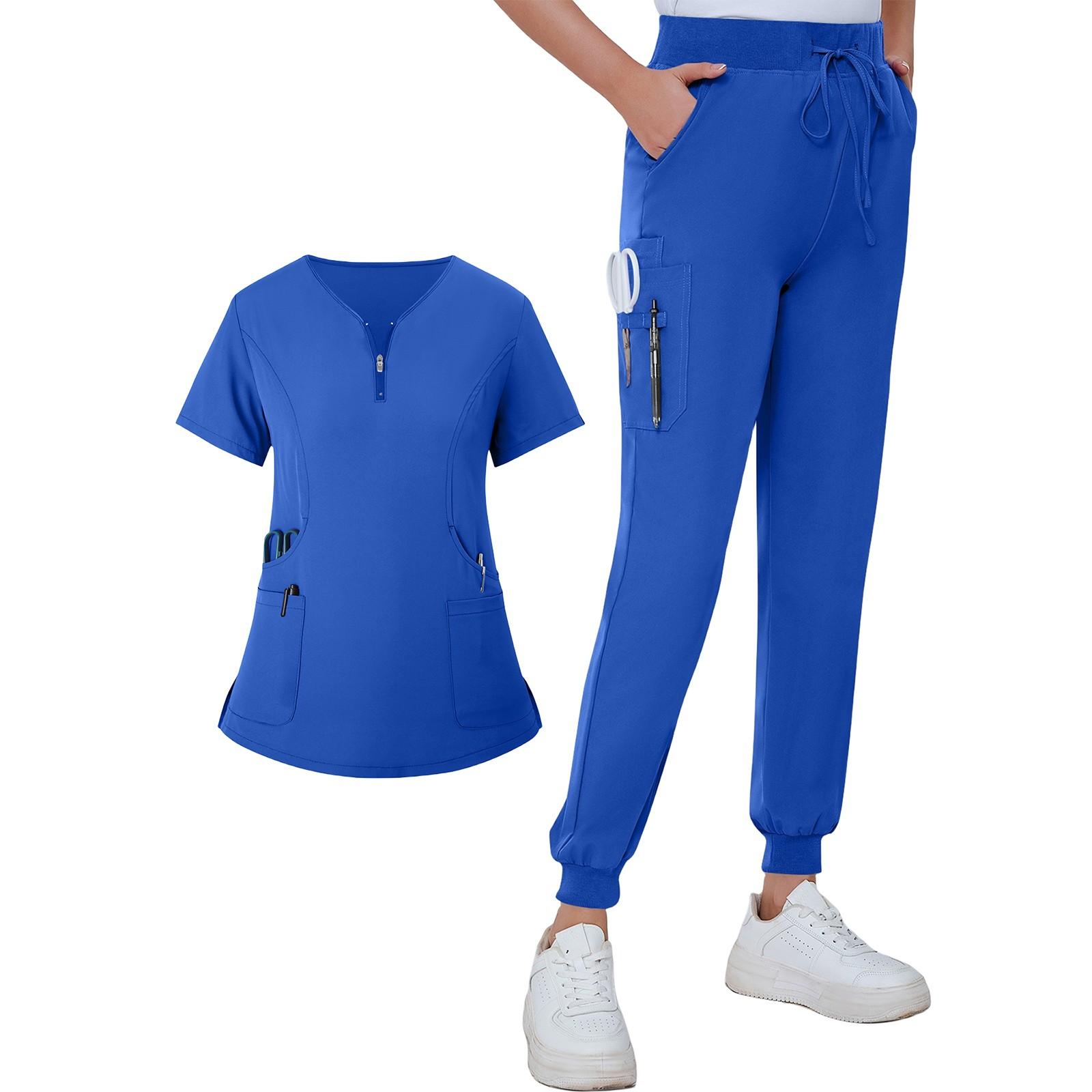 Женская летняя свободная униформа с V-образным вырезом на молнии с карманами и короткими — фото 8