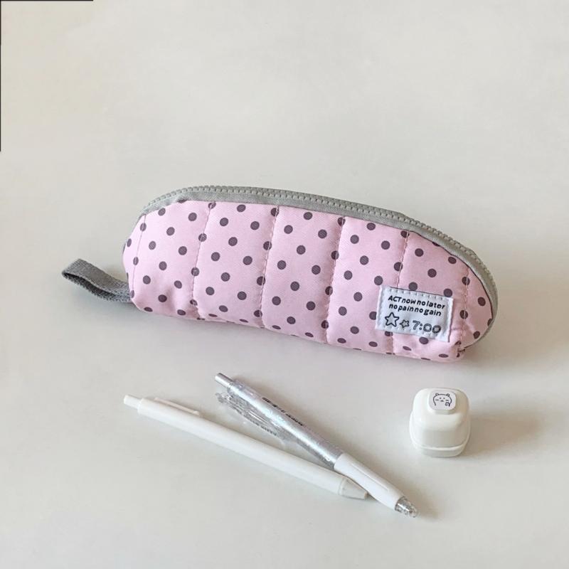 Cute Polka Dot Quilted Pencil Case Large Capacity Portable Strap For School Office Students Use