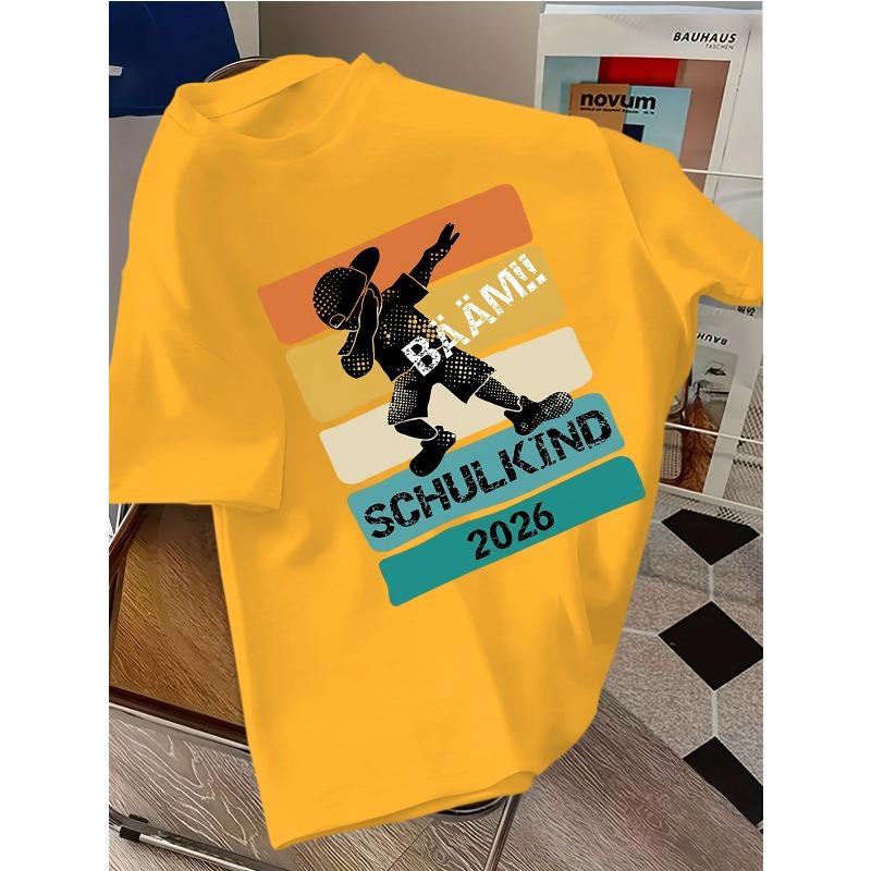 Kids Crewneck Short Sleeve T-Shirt, Schulkind Bam Print, Trendy Campus Casual Tee for Students
