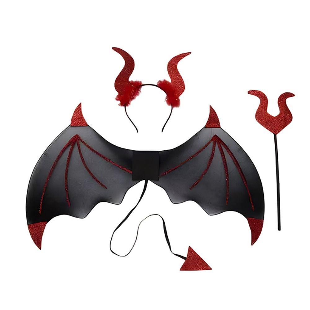 Devil Halloween Costume Cosplay Props Realistic Demon Horn Hair Band Bat Wings with Tail  Kids