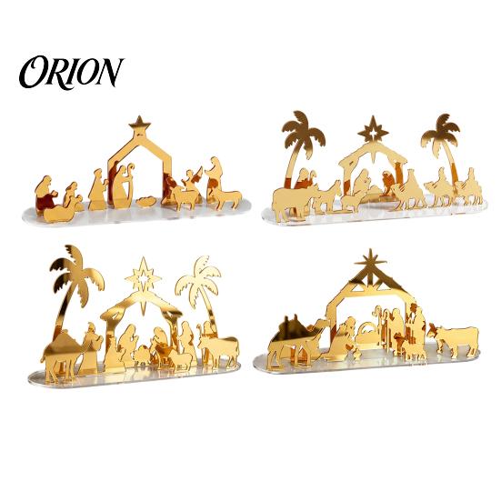 Seasonal Home Decor Christmas Acrylic Ornament, Mirrored Golden Silhouette Scene, Decorative Scene Decoration Desktop Display for Holiday Living Room