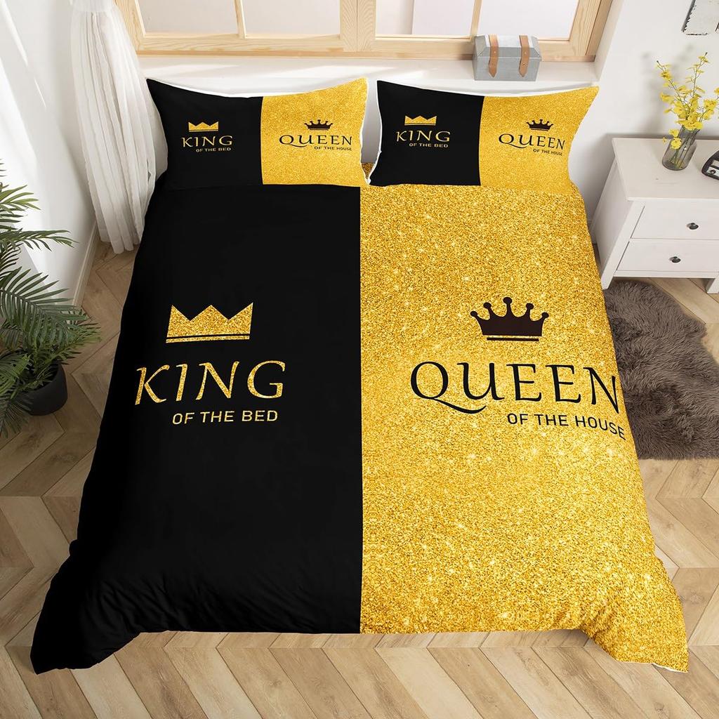 Crown Queen and King Duvet Cover Pink Black Bedding Set Crown His and Hers Comforter Cover Romantic Valentine's Day Quilt Cover