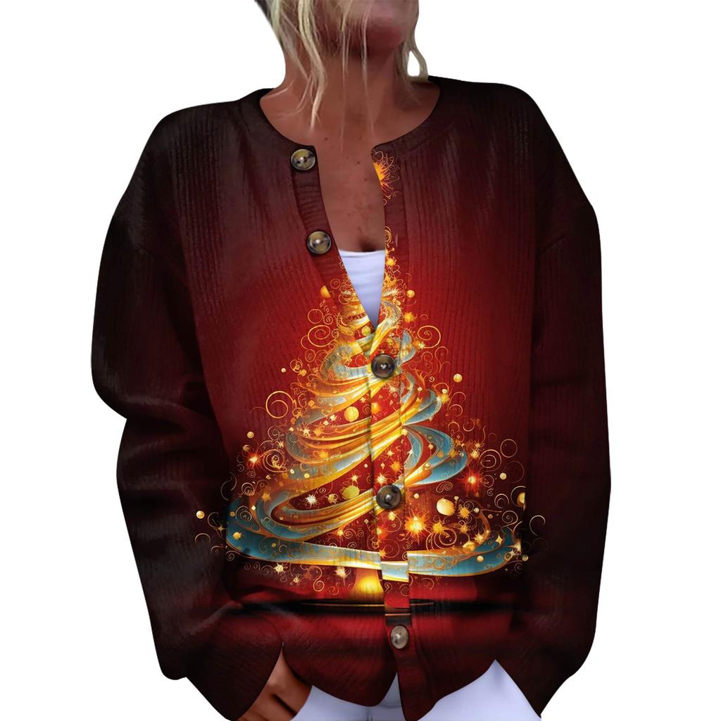 Women's Fashion Christmas Printed Long Sleeve Knitted Cardigan Button Down Jacket