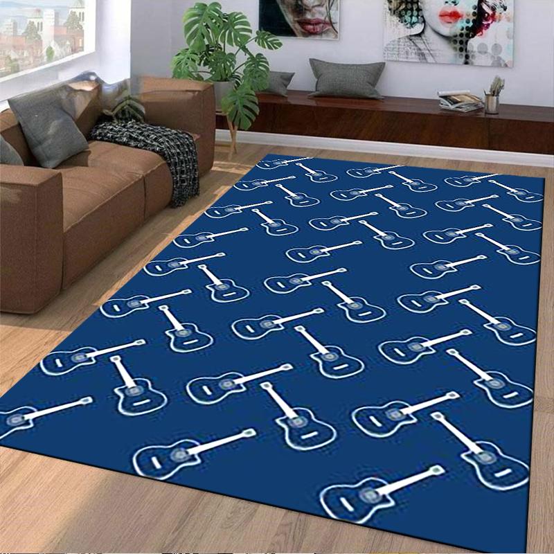 Blue Carpet with White Guitar Pattern, Music Theme Home Decor Rug Suitable for use as an anti-slip for living room bedroom sofas