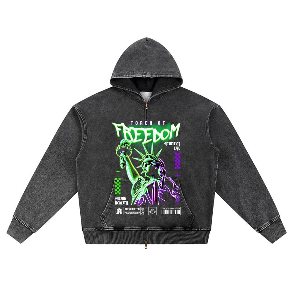 DTG Print Knitted Denim Zip-Up Hoodie Torch Of Freedom Brother Print Zipper Hoodies