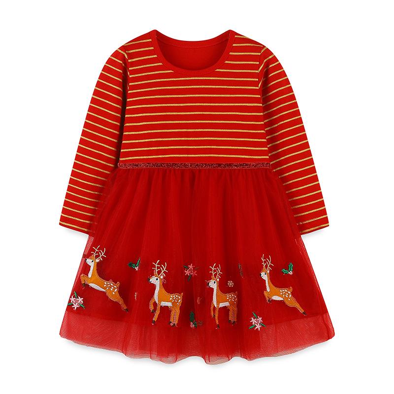 European Autumn Girls Reindeer Mesh Christmas Dress - Round Neck Cute Princess Skirt 120cm
