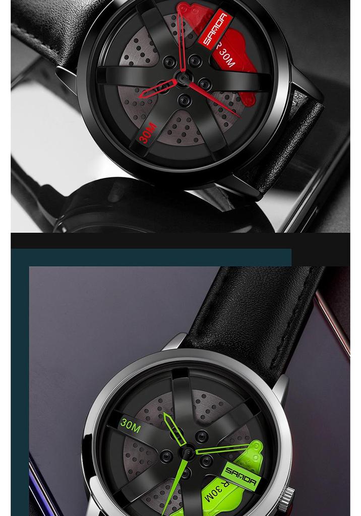 Sanda Cool Men's 3D Hollow Car Wheel Leather Strap Quartz Watch