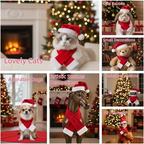 Cat Christmas Costume Santa Hat with Scarf &Small Dogs - Funny Santa Hat and Scarf Outfit for Holiday Photos, Dress Up&Parties Adjustable Cat