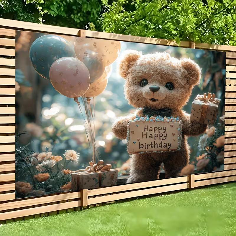 2D Flat Print Teddy Bear Birthday Photography Backdrop for Baby Shower & Kids Party