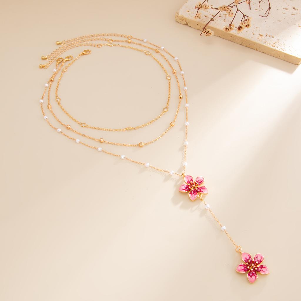 Vintage Romantic Pink Drip Oil Flower Pendant Necklace For Women Boho Exquisite Imitation Pearl Beads Choker Party Jewelry Gifts