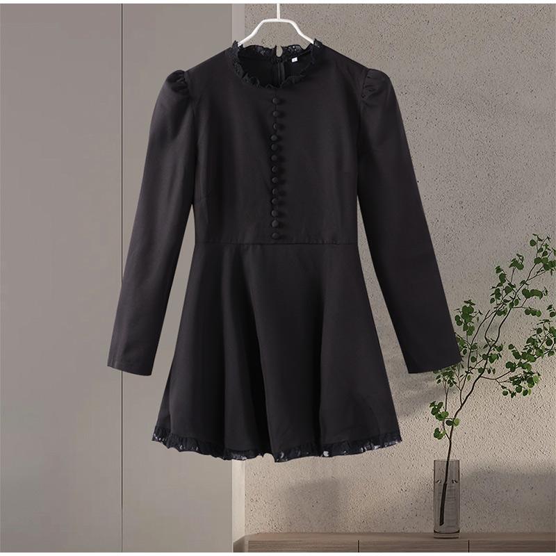 

Платье с оборками и воротником-стойкой, женское, черное, с длинным рукавом, однобортное, мини-платье, осенние женские выпускные платья S чёрный