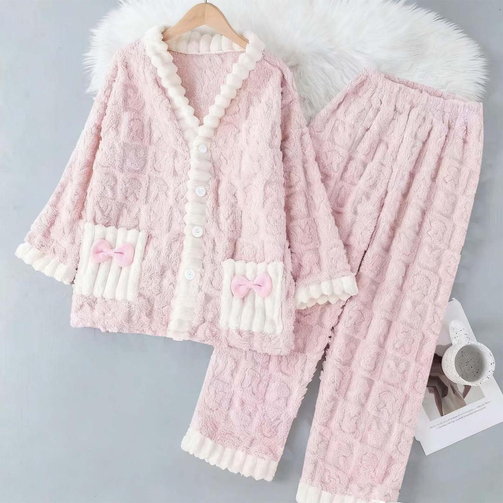 Damen Langarm Flanell Verdickt Warm Hausanzug Strickjacke Set für Oberbekleidung