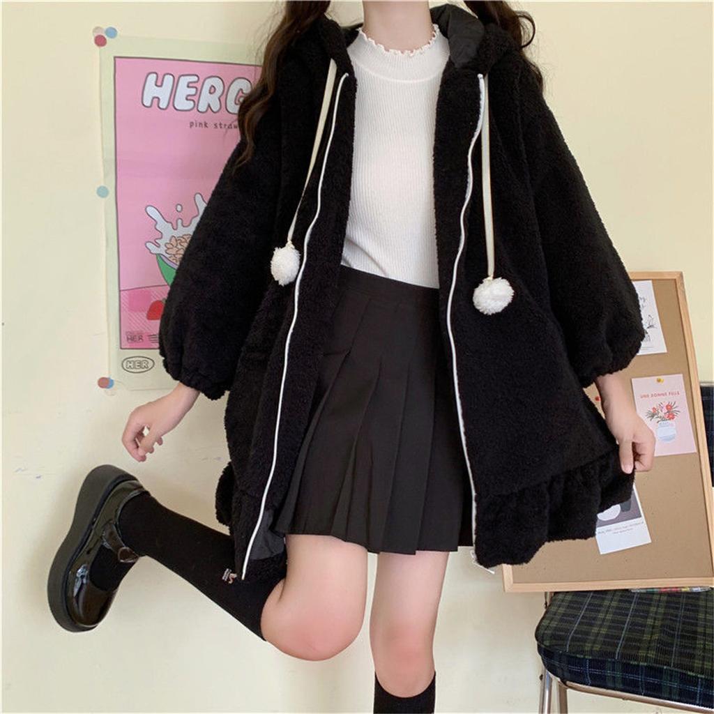 Felpe Invernali Calde Kawaii Orecchie di Coniglio Felpa Donna Ragazza Lolita con Cappuccio e Zip Felpe Casual Manica Lunga Felpa Harajuku