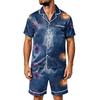 Men's Halloween Pajama Set Short Sleeve Striped Plaid Print Satin Two Piece with Pockets Loose Fit Sleepwear