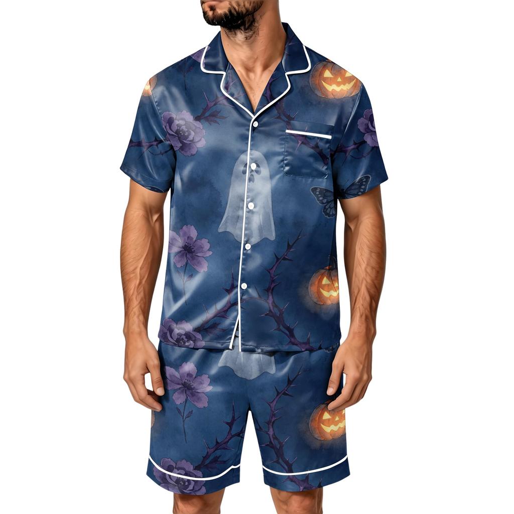 Men's Halloween Pajama Set Short Sleeve Striped Plaid Print Satin Two Piece with Pockets Loose Fit Sleepwear