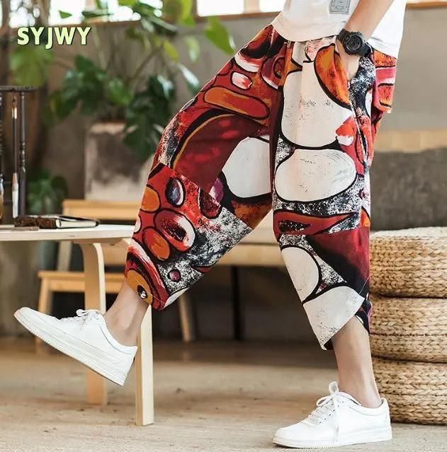 Pantaloni in Cotone e Lino Estivi da Spiaggia Corti da Uomo Larghi Taglia Grande Bloomers Pantaloni Floreali Etnici