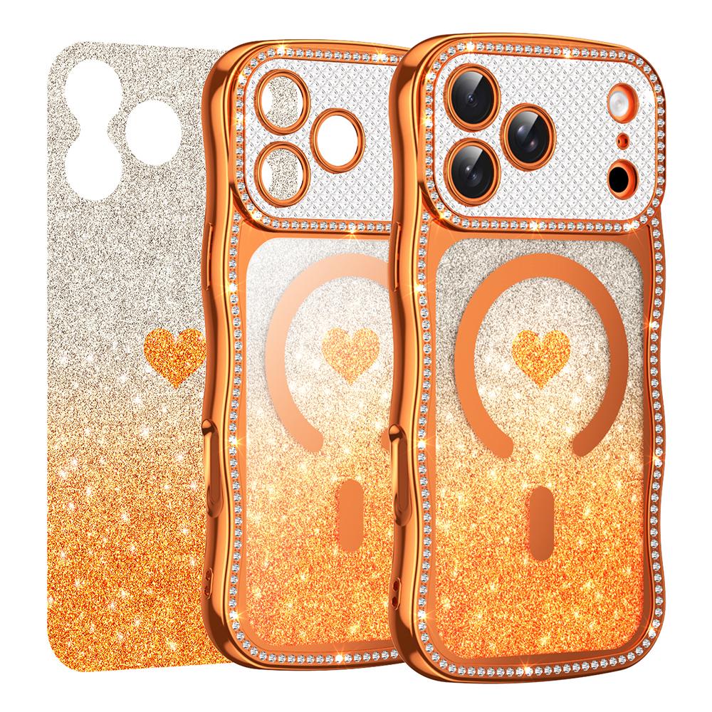 For iPhone 17 Pro Magnetic Case Electroplated Wave Frame Rhinestone Decor TPU PC Phone Cover with Love Glitter Paper