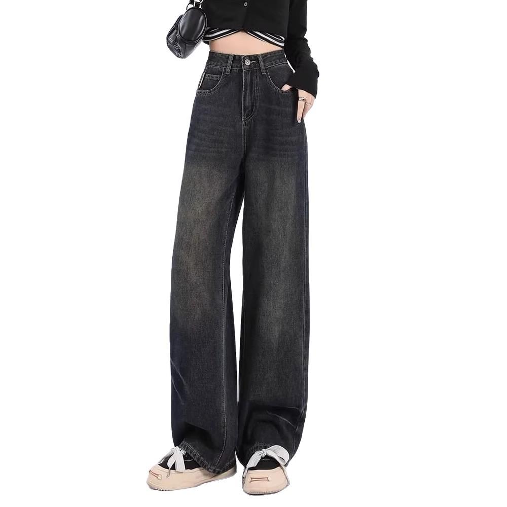 Women's Plus Size Dark Washed Wide-Leg Jeans with Zipper - Retro Style for Spring and Autumn