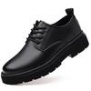 Men's Black Leather Derby Shoes, Casual Spring Style with Thick Soles, Low-Top Formal Wedding Martin Boots.