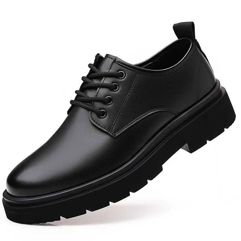 Men's Black Leather Derby Shoes, Casual Spring Style with Thick Soles, Low-Top Formal Wedding Martin Boots.