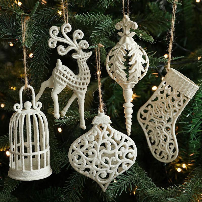 Weiße Plastik-Weihnachtsornamente Glitzerndes Reh Stern Glocke Weihnachtsbaumschmuck Hängende Anhänger für Zuhause Weihnachtsdeko