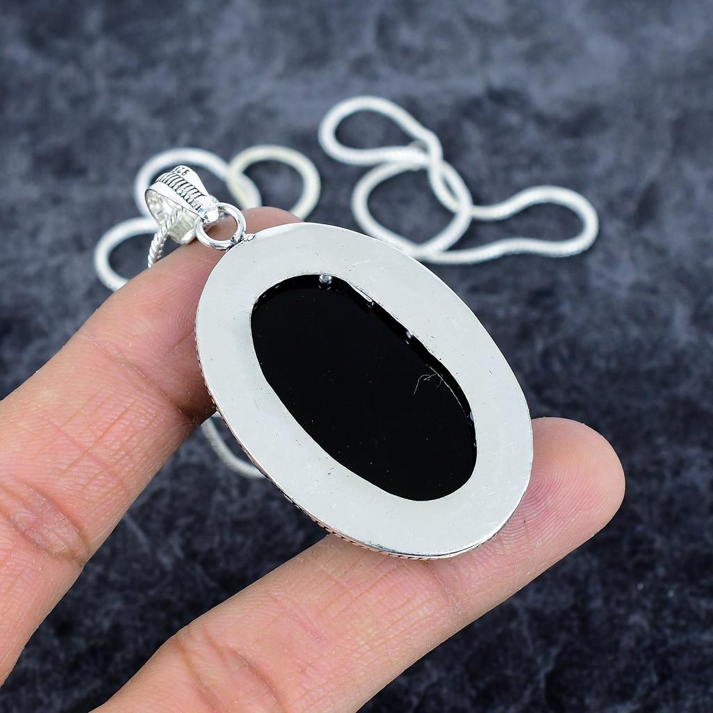 Black Onyx Gemstone Handmade 925 Sterling Silver Jewelry Pendant 2.48" M-2902