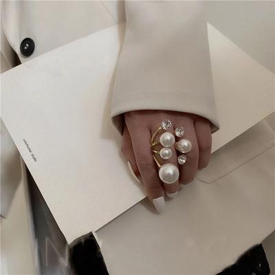 Jewelry Lady Rhinestone Oversize Multi Pearl Rings Irregular Finger Rings Open Rings Shiny Crystal