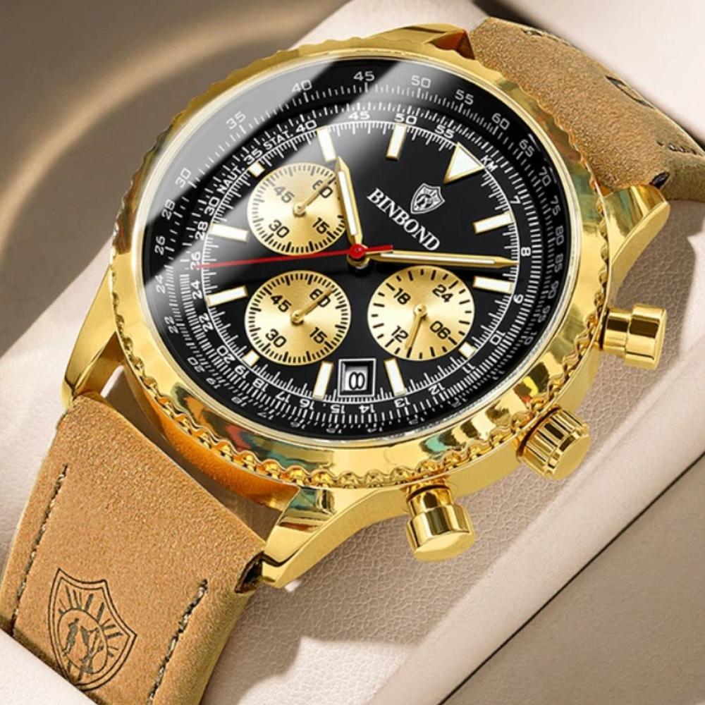 BINBOND Top Brand Man Quartz Watch Waterproof Luminous Date Chronograph Leather Wristwatch Military Sports Luxury Men's Watches