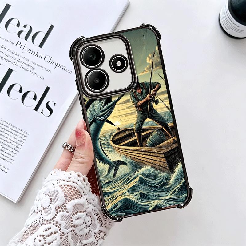 Hunting Fishing Man Plating Phone Case For Xiaomi Redmi Note 14 15 Pro Plus 13 12 11 11S 11T 10 9S 9 5G Anti-Fall Airabag Cover