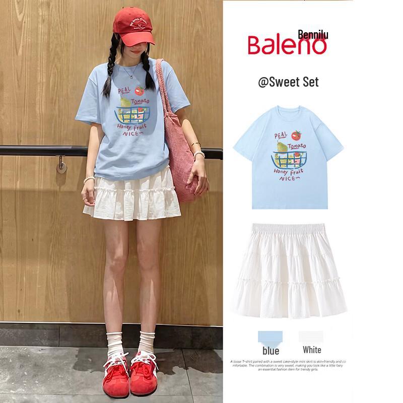 Baleno Women s Sweet Casual Short-Sleeve Top and Cake Skirt Two-Piece Set M