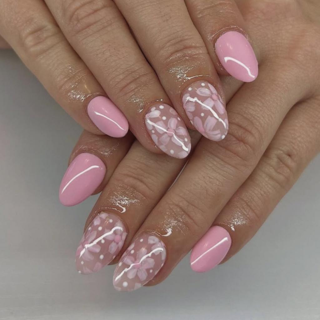24Pcs Almond Press On Nail Flower Design French Fake Nail Acrylic False Nail,Artificial Nail Glues On Nail for Womens