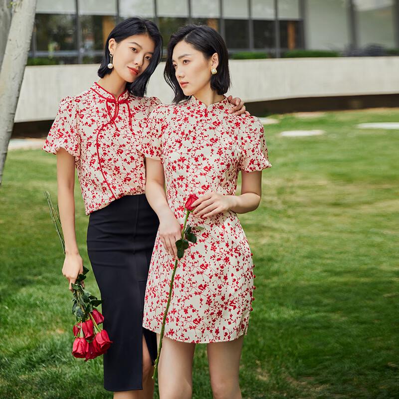 Gejin New Chinese Style Floral Short Sleeve Mini Dress