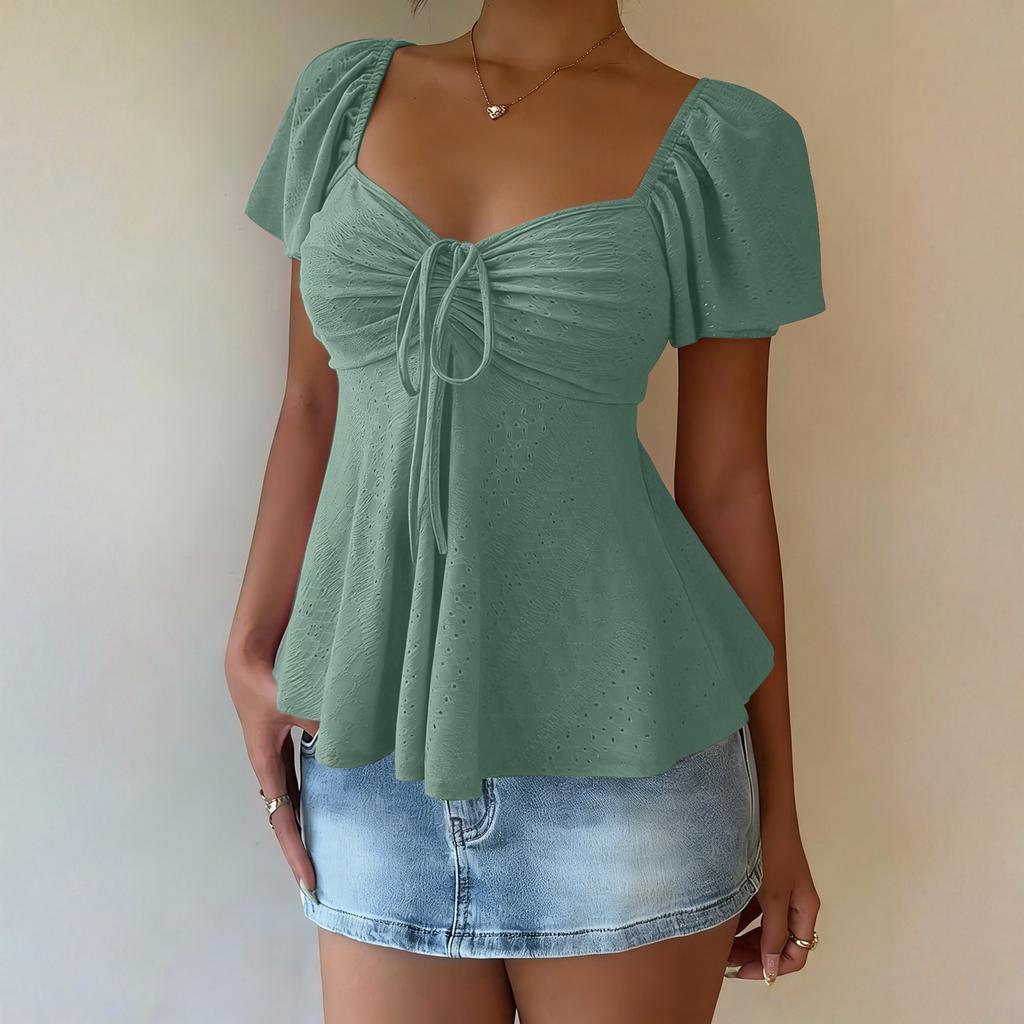 Women's V-neck Drawstring Tied Sexy Short-sleeved T-shirt Top