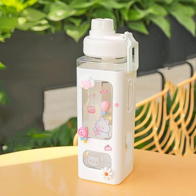 Kawaii Pastel Straw Bottle New Transparent Square Cute Water Bottles Large Capacity Travel Outdoor Sport Cycling Bottle BPA Free