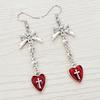Gothic Charm Stainless Steel Silver Color Bowknot Relief Cross Red Glazed Heart-shaped Pendant Dangle Earrings for Women Jewelry