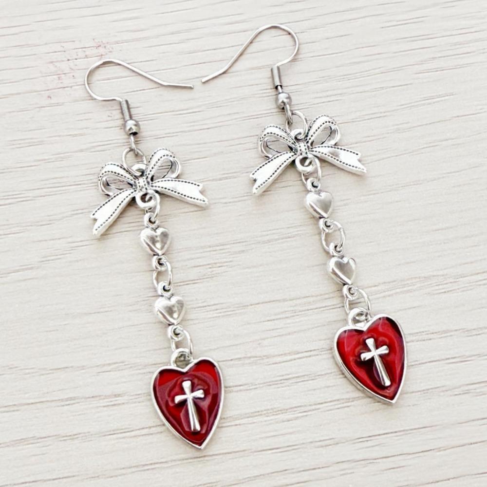 Gothic Charm Stainless Steel Silver Color Bowknot Relief Cross Red Glazed Heart-shaped Pendant Dangle Earrings for Women Jewelry