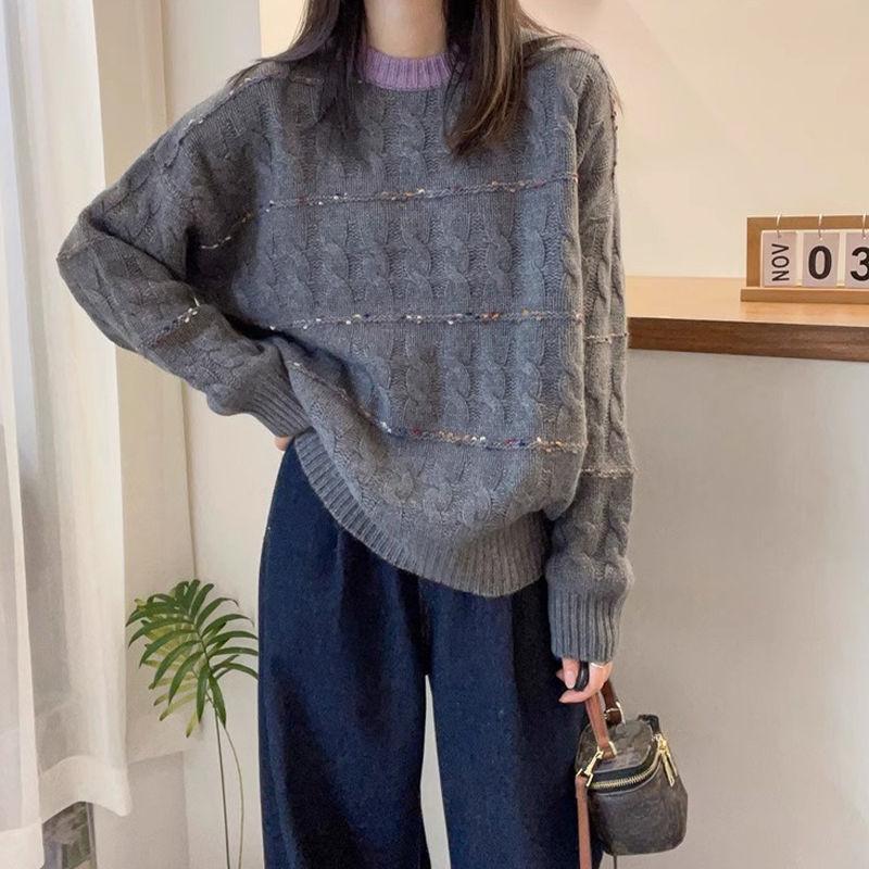 Women's Autumn & Winter Korean Style Long-Sleeve Loose Sweater Pullover Contrast Color Unique Cable-Knit Crew Neck Knit Base Layer Top