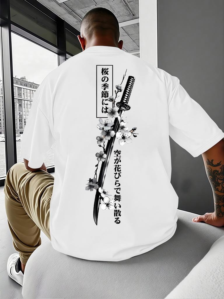 Vintage Japan Samurai Katana Sakura Kanji Back Printed Unisexs Cotton Short Sleeve Harajuku Street Casual Daily Fashion Tops