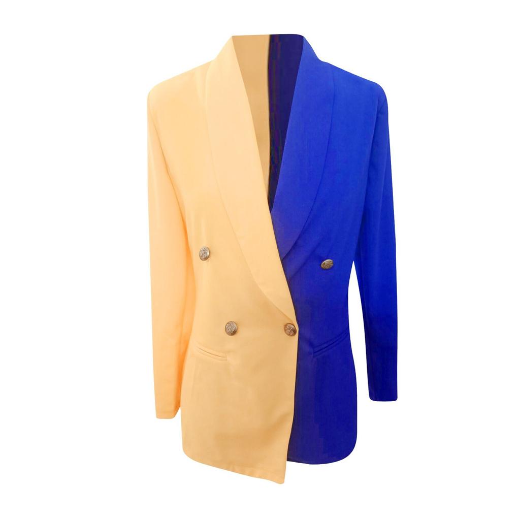 Fashion Colorblock Patchwork Blazer Women Long Sleeve V Neck Suit Dress Spring Autumn Button Woman's Coat